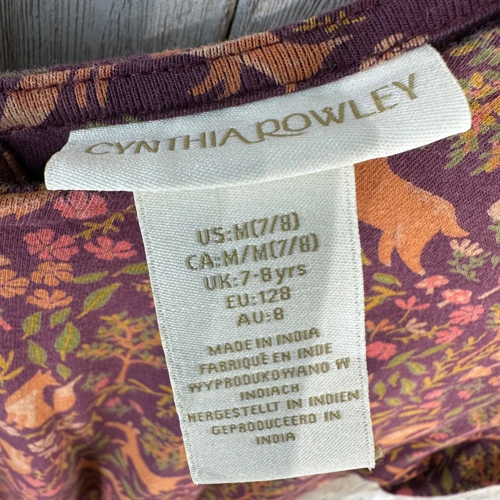 Cynthia Rowley Girls Fox Forest Print Dress Purple Orange Elastic Waist Size 7 8